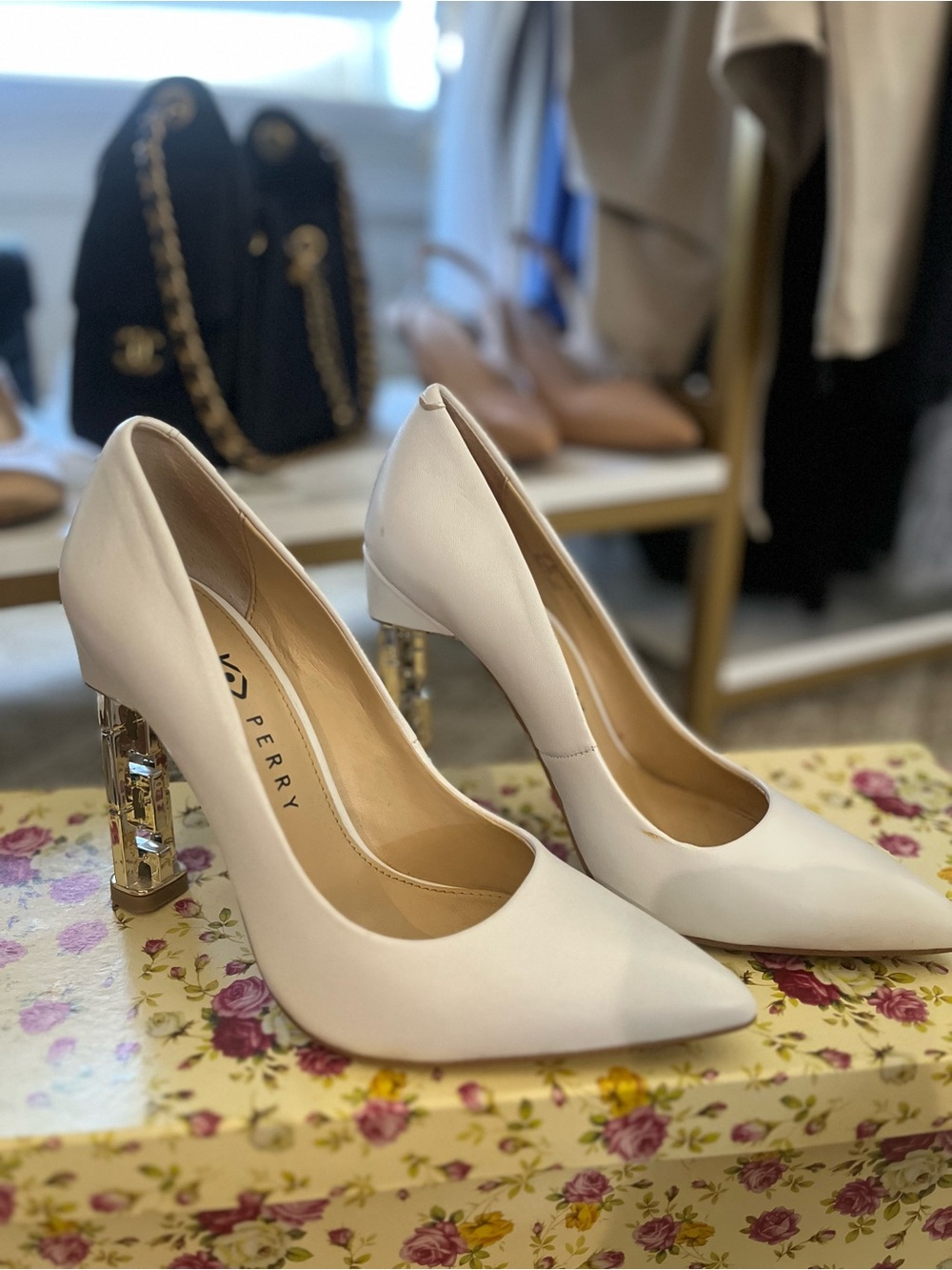 Katy Perry Collections Cream Pointed Toe Pumps with Crystal Block Heel